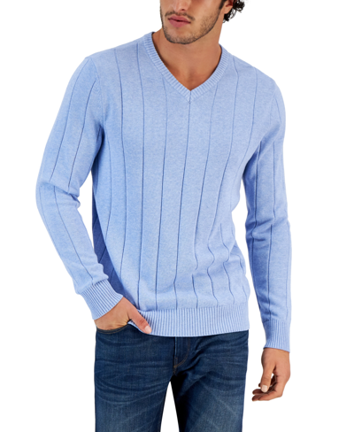 Club Room Men's Drop-needle V-neck Cotton Sweater, Created For Macy's In Blue Yonder
