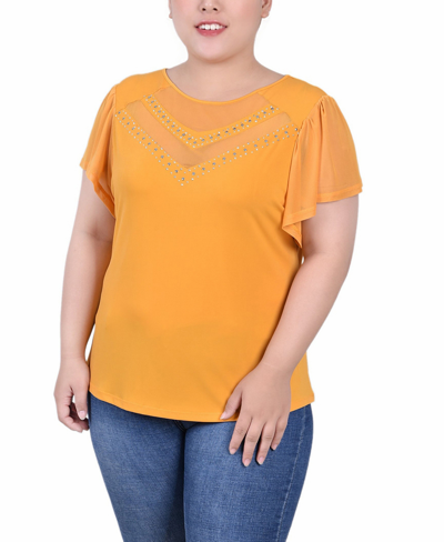 Ny Collection Plus Size Studded Short Flutter Sleeve Top With Mesh Details In Golden Glow