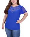 Ny Collection Plus Size Studded Short Flutter Sleeve Top With Mesh Details In Victoria Blue