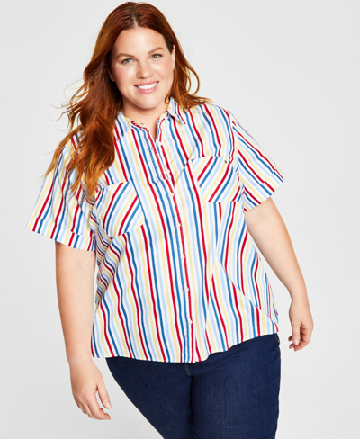 Tommy Hilfiger Plus Size Striped Camp Shirt In Blue Sky Combo