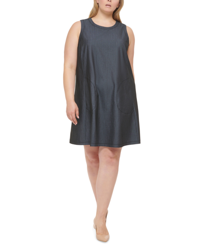 Calvin Klein Petite Sleeveless Pocketed Denim Shift Dress In Grey