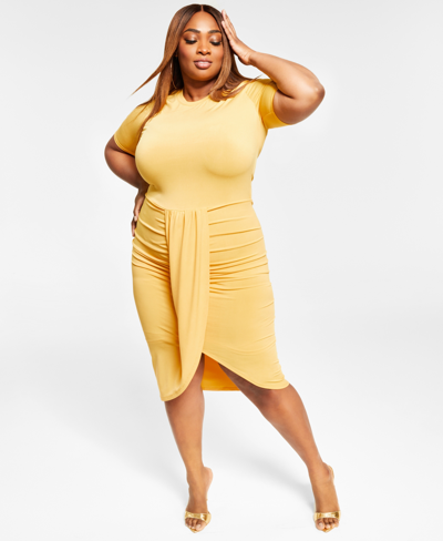 Nina Parker Trendy Plus Size Faux-wrap Dress, Created For Macy's In Sunrise Yellow