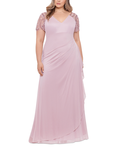 Xscape Plus Size Embellished Sheer Matte Jersey Gown In Rose