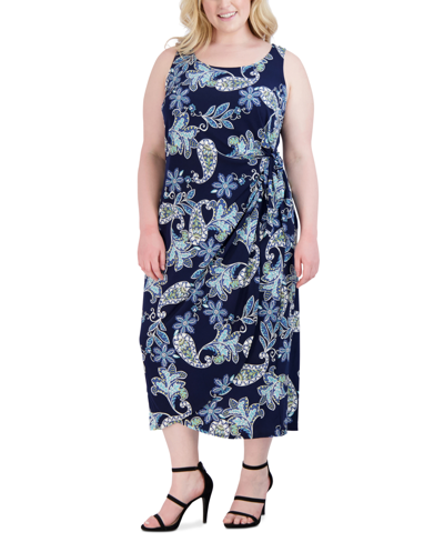 Robbie Bee Plus Size Printed Side-tie Maxi Dress In Navy Multi