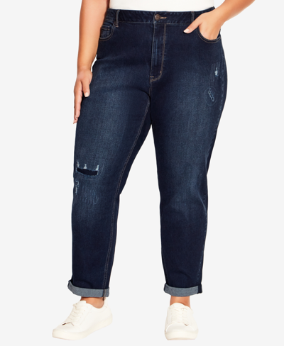 Avenue Plus Size Girlfriend Rip Jeans In Dark Wash