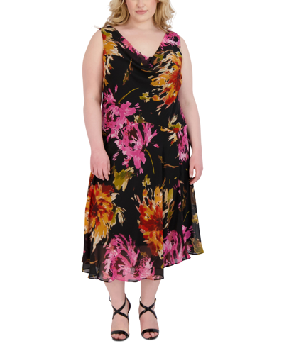 Robbie Bee Plus Size Floral-print Handkerchief-hem A-line Dress In Multi