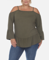 White Mark Plus Size Cold Shoulder Ruffle Sleeve Top In Olive