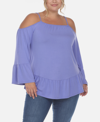 White Mark Plus Size Cold Shoulder Ruffle Sleeve Top In Purple
