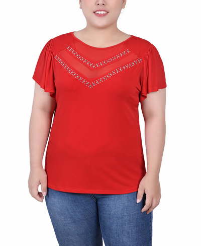 Ny Collection Plus Size Studded Short Flutter Sleeve Top With Mesh Details In Tango Red