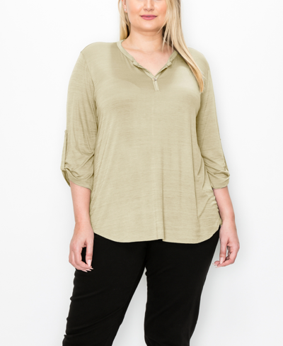 Coin Plus Size 1 Button Henley Rolled Tab 3/4 Sleeve Top In Stone