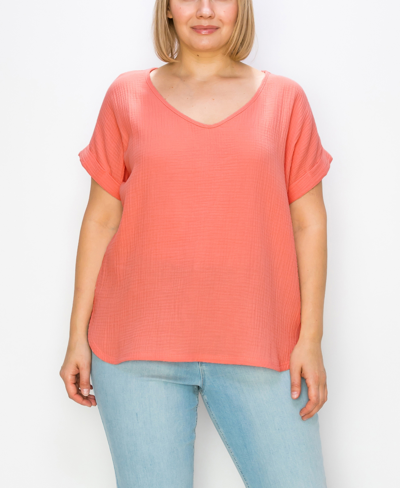 Coin 1804 Plus Size Gauze V-neck Rolled Sleeve Top In Coral