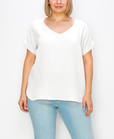 Coin 1804 Plus Size Gauze V-neck Rolled Sleeve Top In Ivory