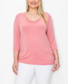 COIN PLUS SIZE V-NECK SIDE RUCHED 3/4 SLEEVE TOP