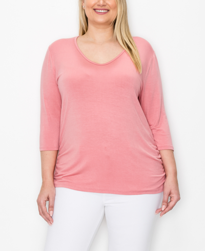 Coin Plus Size V-neck Side Ruched 3/4 Sleeve Top In Dusty Pink