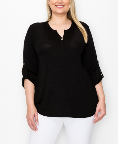 Coin 1804 Plus Size 1 Button Henley Rolled Tab 3/4 Sleeve Top In Black