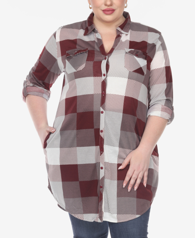 White Mark Plus Size Plaid Tunic Shirt In Burgundy And White
