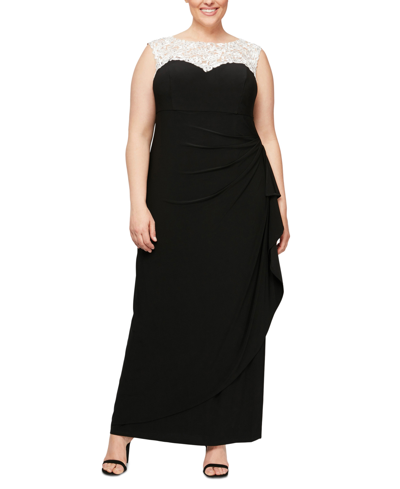 Alex Evenings Plus Size Ruched Ruffled Gown In Blk Wht