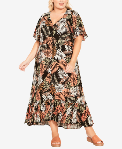 Avenue Plus Size Sasha Flutter Sleeve Maxi Dress In Palm