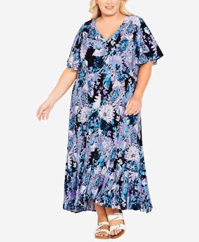 Avenue Plus Size Sasha Flutter Sleeve Maxi Dress In Blue Dahlia