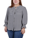 Ny Collection Plus Size Long Sleeve Y Neck Blouse In White Black Justin