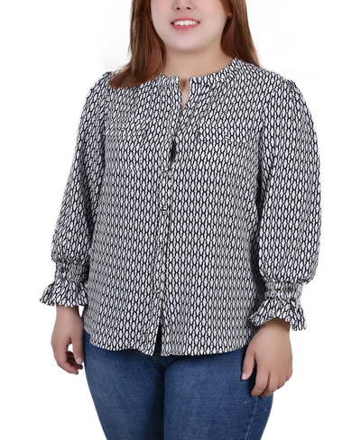 Ny Collection Plus Size Long Sleeve Y Neck Blouse In White Black Justin