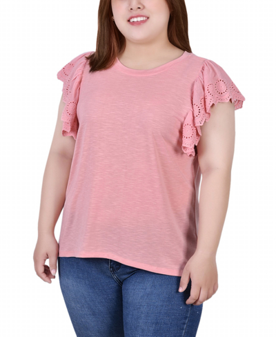 Ny Collection Plus Size Flutter Sleeve Slub Knit Top In Mellow Rose