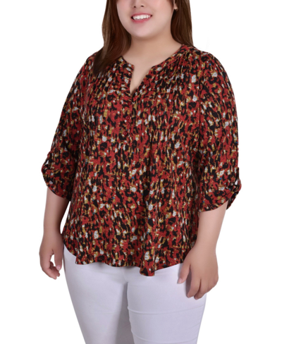 Ny Collection Plus Size 3/4 Roll Sleeve Top In Red Black Abstract