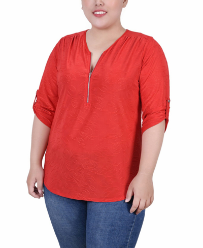 Ny Collection Plus Size 3/4 Roll Tab Zip Front Jacquard Knit Top In Bittersweet
