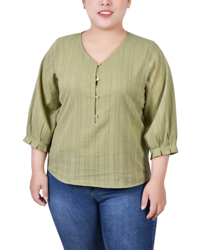 Ny Collection Plus Size 3/4 Sleeve Button Placket Jacquard Blouse In Sage