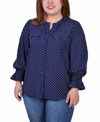 Ny Collection Plus Size Long Sleeve Y Neck Blouse In Navy White Dot