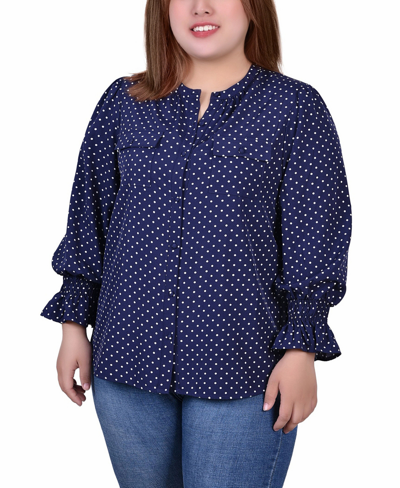 Ny Collection Plus Size Long Sleeve Y Neck Blouse In Multi