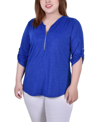Ny Collection Plus Size 3/4 Roll Tab Zip Front Jacquard Knit Top In Victoria Blue