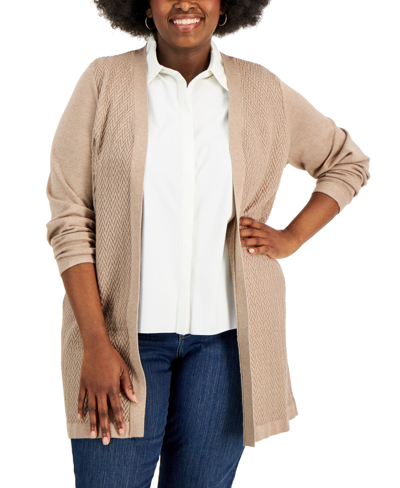 Karen Scott Plus Size Chevron-stitch Cardigan Sweater, Created For Macy's In Chestnut Heather