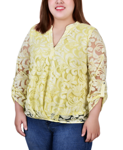 Ny Collection Plus Size Long Sleeve Burnout Y-neck Blouse In Yellow
