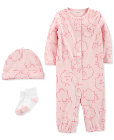 Carter's Baby Girls Take Me Home Gown With Hat And Socks, 3 Piece Set In Pink Print