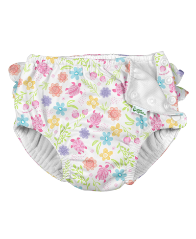 Green Sprouts Baby Girls Ruffle Snap Reusable Absorbent Swim Diaper In White Turtle Floral