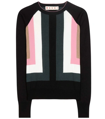 Marni Geometric Intarsia Silk Knit Sweater In Black