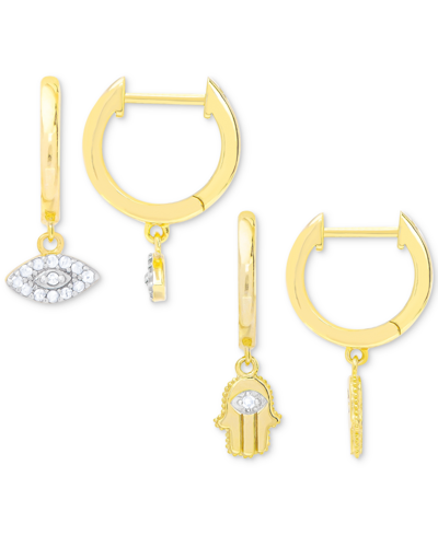 Macy's 2-pc. Set Diamond Evil Eye & Hamsa Hand Dangle Hoop Earrings (1/6 Ct. T.w.) In 14k Gold-plated Sterl In Gold-plated Sterling Silver