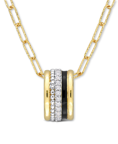 Macy's Lab-created White Sapphire (4/5 Ct. T.w.) & Black Enamel Paperclip Link 18" Pendant Necklace In Ster In Gold Over Silver