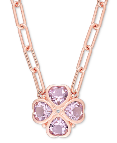Macy's Rose Quartz (2-1/5 Ct. T.w.) & Diamond Accent Heart Flower 18" Pendant Necklace In Rose Gold-plated In Pink