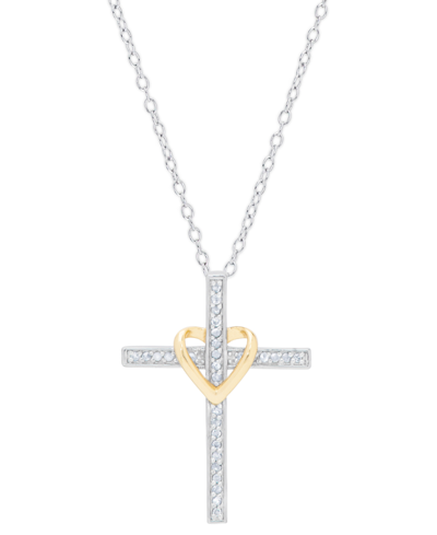 Macy's Diamond Cross & Heart 18" Pendant Necklace (1/6 Ct. T.w.) In Sterling Silver & 14k Gold-plate In Two Tone