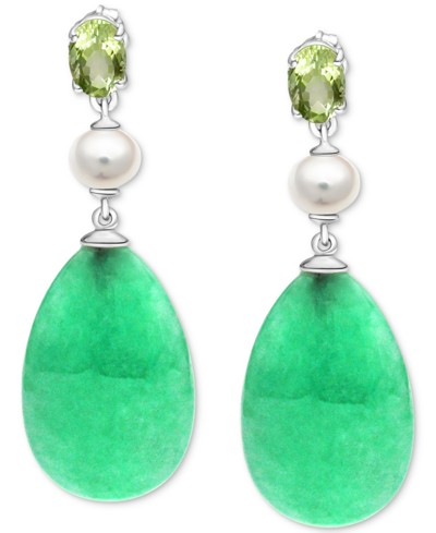 Macy's Dyed Green Jade, Cultured Freshwater Pearls (5mm) & Peridot (1-5/8 Ct. T.w.) Drop Earrings In Sterli
