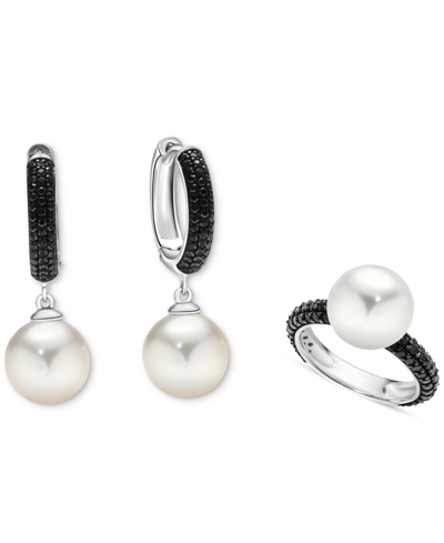 Macy's 2-pc. Set Cultured Freshwater Pearl (10mm) & Black Spinel (1/2 Ct. T.w.) Ring, & Dangle Hoop Earring In White