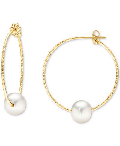 Macy's Cultured Freshwater Pearl (10mm) Textured Medium Hoop Earrings In 14k Gold-plated Sterling Silver, 1 In Gold Over Silver