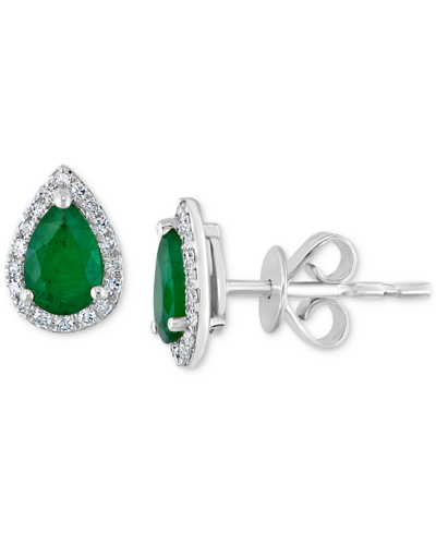 Effy Collection Effy Emerald (3/4 Ct. T.w.) & Diamond (1/10 Ct. T.w.) Halo Stud Earrings In 14k White Gold