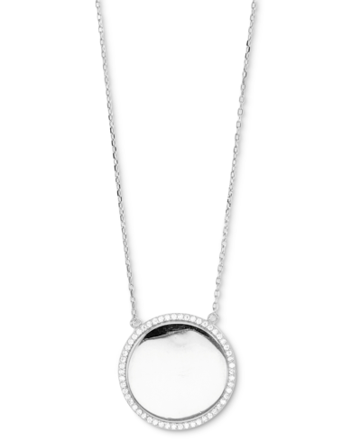 Macy's Cubic Zirconia Polished Disc Halo Pendant Necklace, 16" + 2" Extender In Sterling Silver