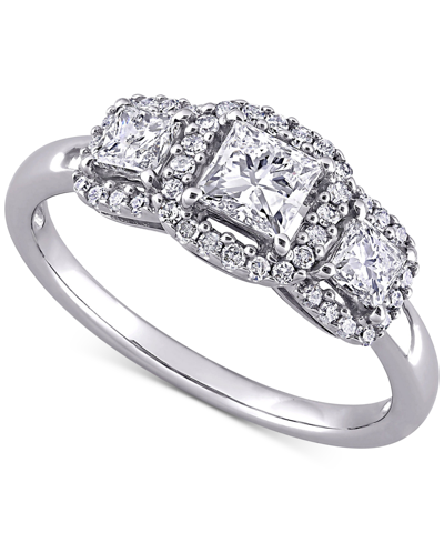 Macy's Diamond Princess Halo Three Stone Engagement Ring (1 Ct. T.w.) In 14k White Gold