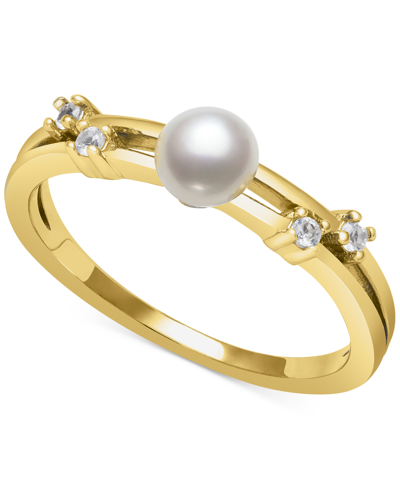 Belle De Mer Cultured Freshwater Button Pearl (5mm) & Lab-created White Sapphire (1/10 Ct. T.w.) Rin In Gold Over Sterling Silver