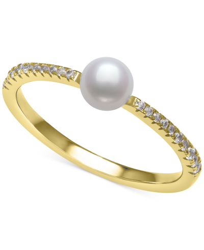 Belle De Mer Cultured Freshwater Button Pearl (4mm) & Lab-created White Sapphire (1/4 Ct. T.w.) In 14k Gold-plate In Gold Over Sterling Silver