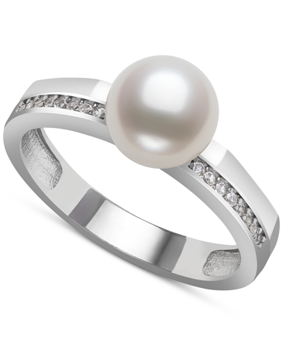 Belle De Mer Cultured Freshwater Button Pearl (7mm) & Lab-created White Sapphire (1/6 Ct. T.w.) Ring In Sterling In Sterling Silver